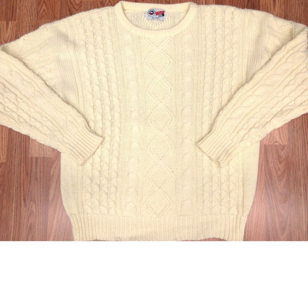 VTG CABLE KNIT FISHERMAN SWEATER ACRYLIC CREAM COLOR ARROW Sz LARGE, L